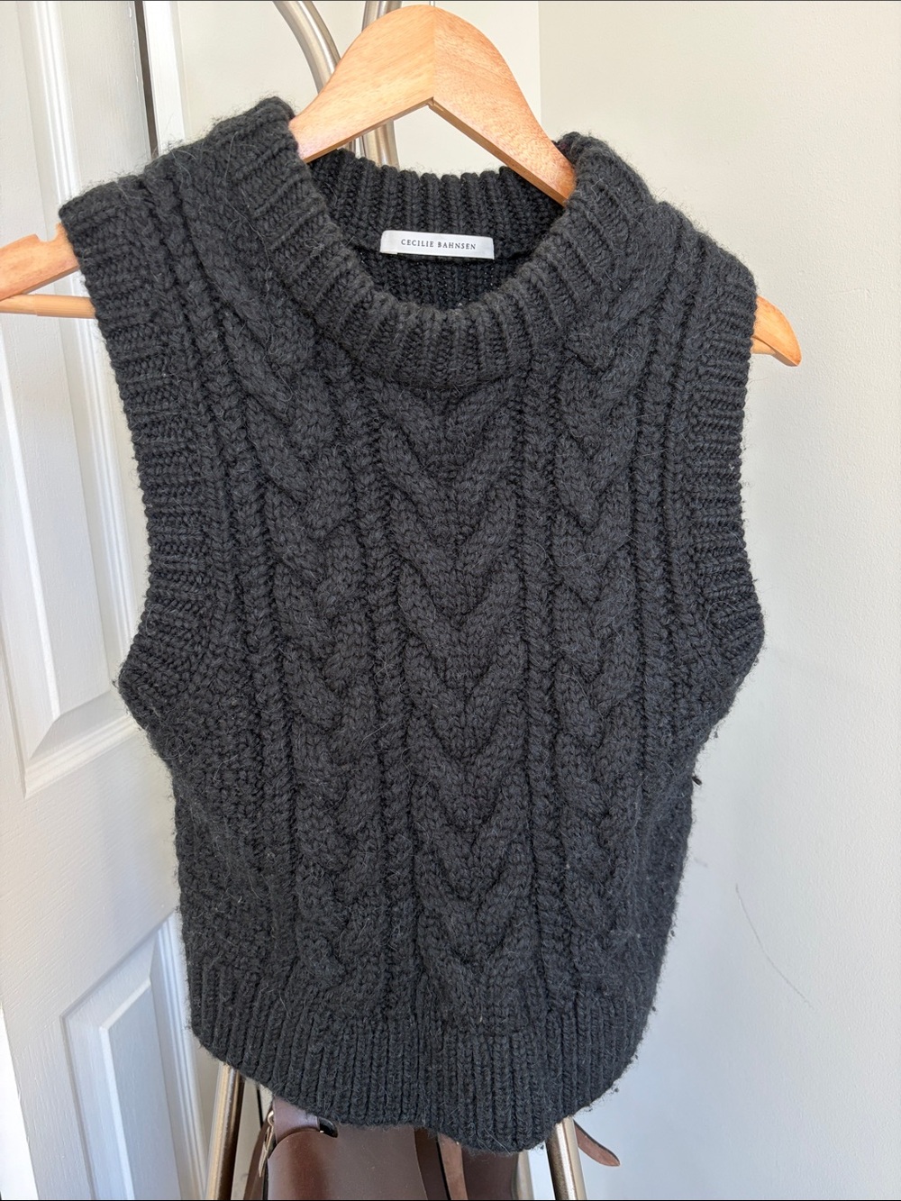 Cecilie Bahnsen Charcoal Cable-Knit Sleeveless Crew Sweater